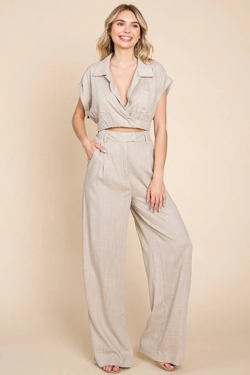 Hide Waist Wide Leg Pants and Crop Top Linen Sets