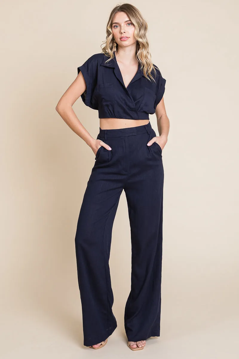 Hide Waist Wide Leg Pants and Crop Top Linen Sets