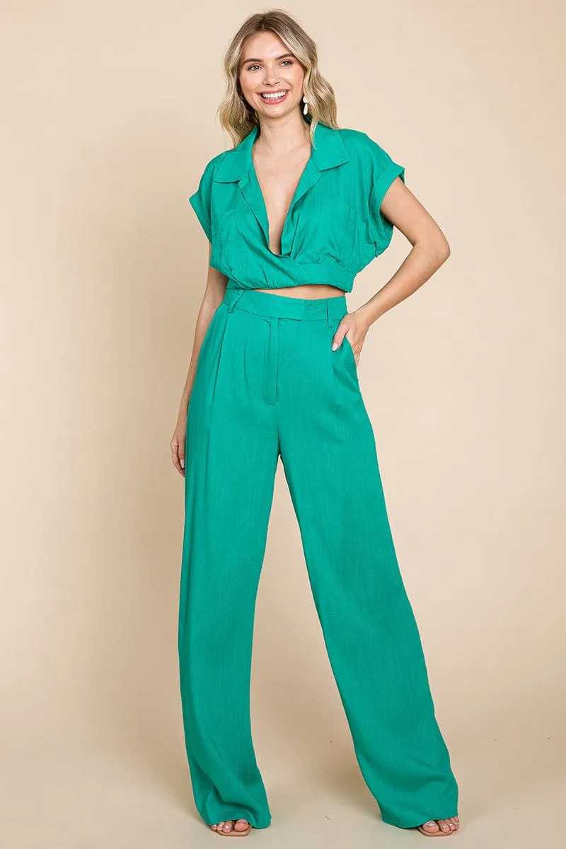 Hide Waist Wide Leg Pants and Crop Top Linen Sets