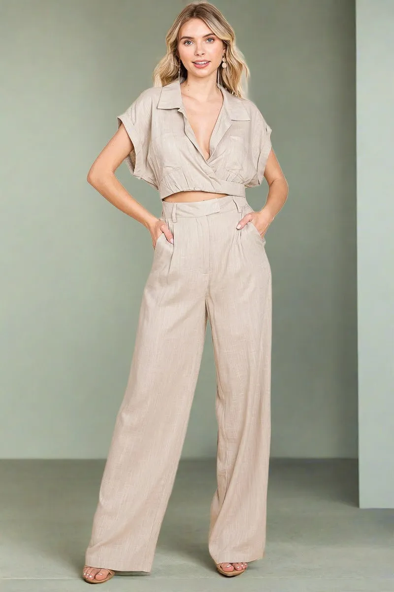 Hide Waist Wide Leg Pants and Crop Top Linen Sets