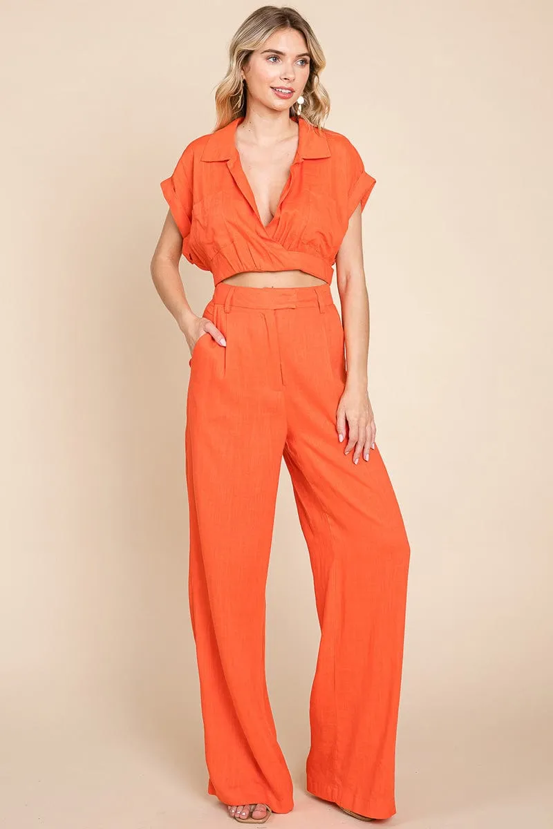 Hide Waist Wide Leg Pants and Crop Top Linen Sets