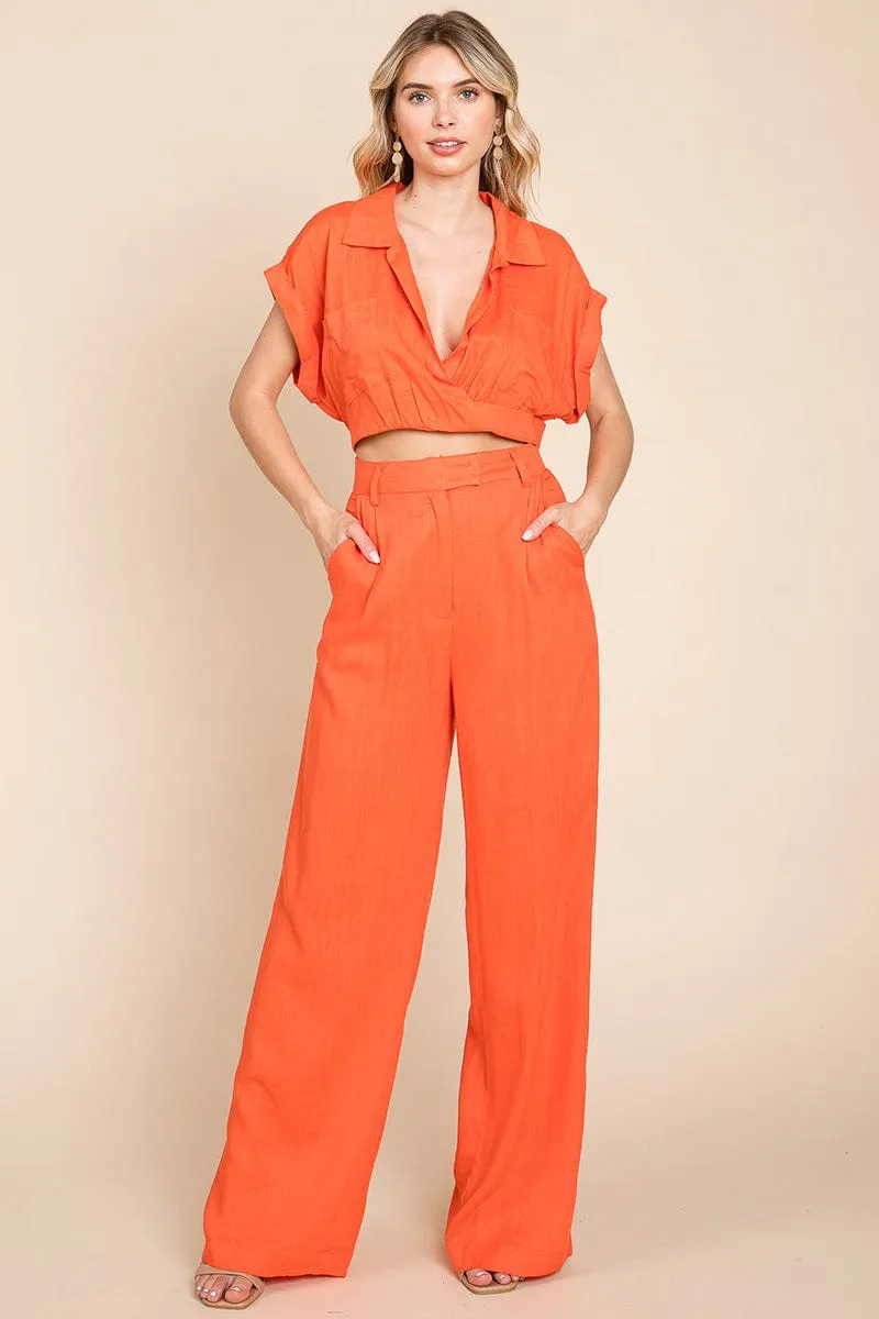 Hide Waist Wide Leg Pants and Crop Top Linen Sets