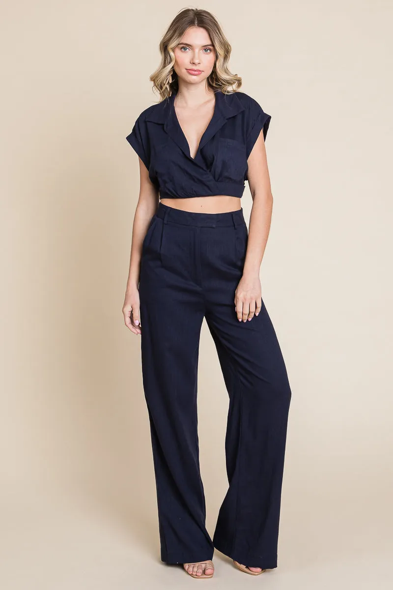 Hide Waist Wide Leg Pants and Crop Top Linen Sets