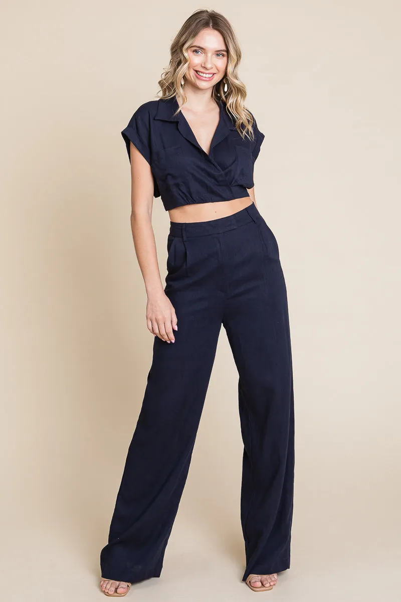 Hide Waist Wide Leg Pants and Crop Top Linen Sets