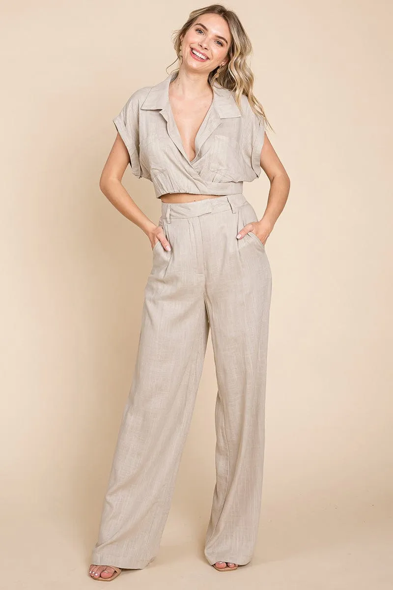 Hide Waist Wide Leg Pants and Crop Top Linen Sets