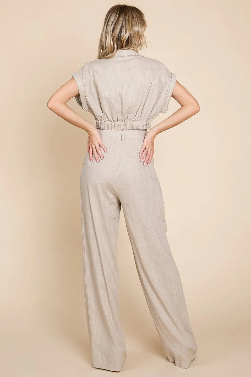 Hide Waist Wide Leg Pants and Crop Top Linen Sets