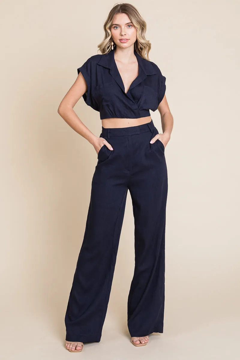 Hide Waist Wide Leg Pants and Crop Top Linen Sets