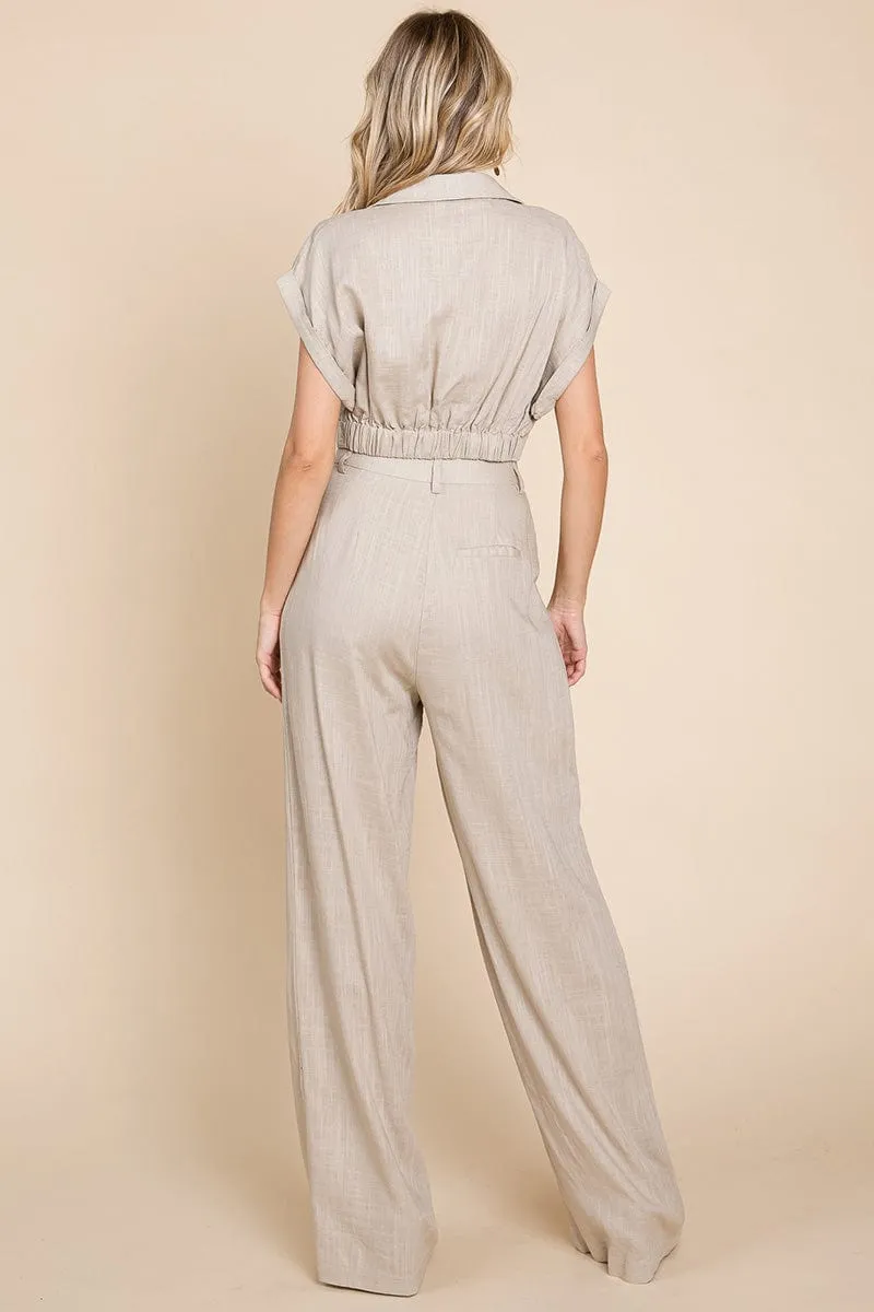 Hide Waist Wide Leg Pants and Crop Top Linen Sets