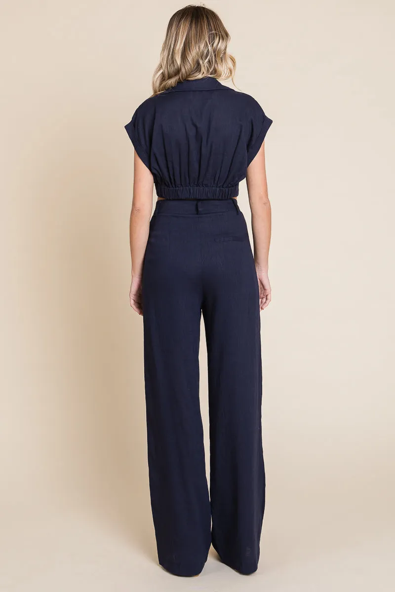 Hide Waist Wide Leg Pants and Crop Top Linen Sets