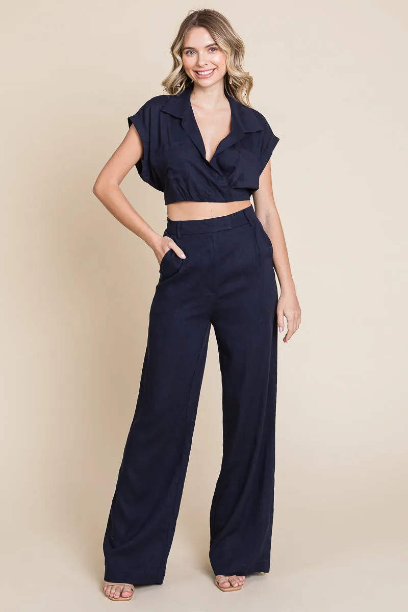 Hide Waist Wide Leg Pants and Crop Top Linen Sets