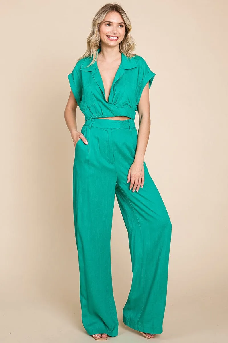 Hide Waist Wide Leg Pants and Crop Top Linen Sets