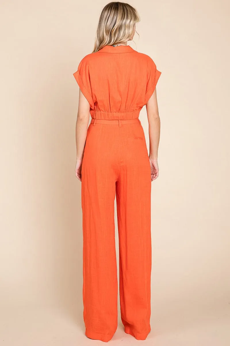 Hide Waist Wide Leg Pants and Crop Top Linen Sets