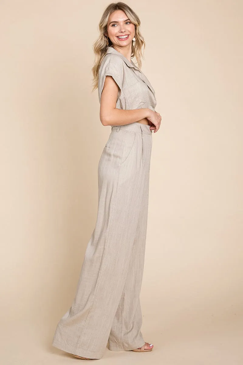 Hide Waist Wide Leg Pants and Crop Top Linen Sets