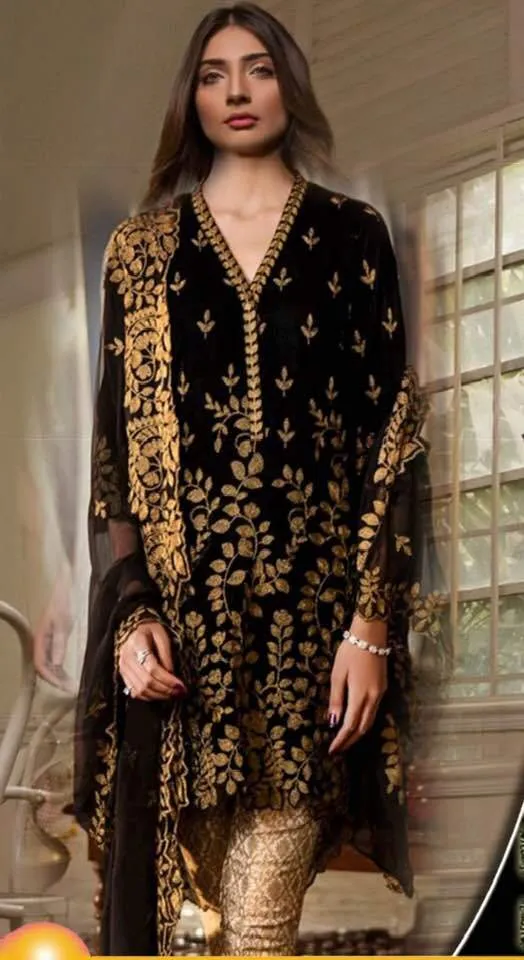 Iznik Velvet Dresses - Embroidered Chiffon Dupatta - Replica - Unstitched