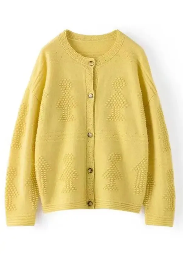 Loose Yellow Button Hollow Out  Cotton Knit Coats Long Sleeve ML3228