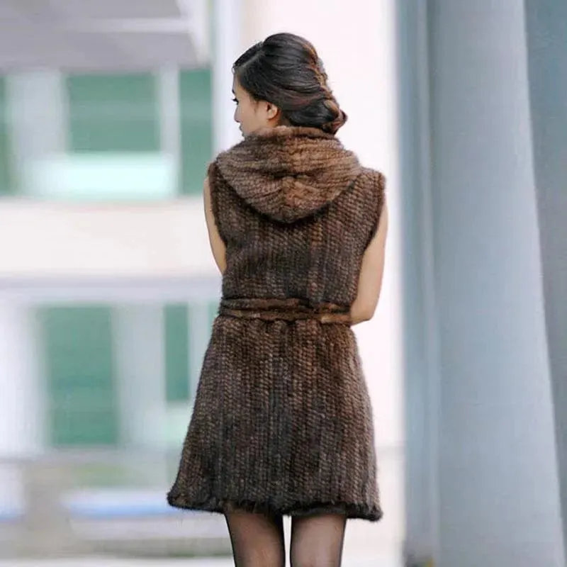 Luxurious Warmth: Hooded Genuine Knitted Mink Fur Vest Coat for Stylish Winter Elegance