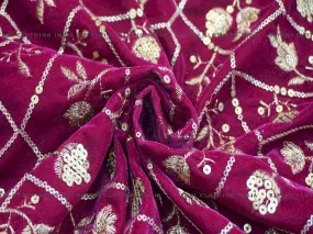 Magenta Floral Sequins And Zari Embroidered Velvet Fabric