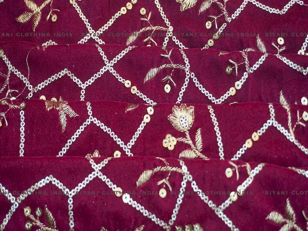 Magenta Floral Sequins And Zari Embroidered Velvet Fabric