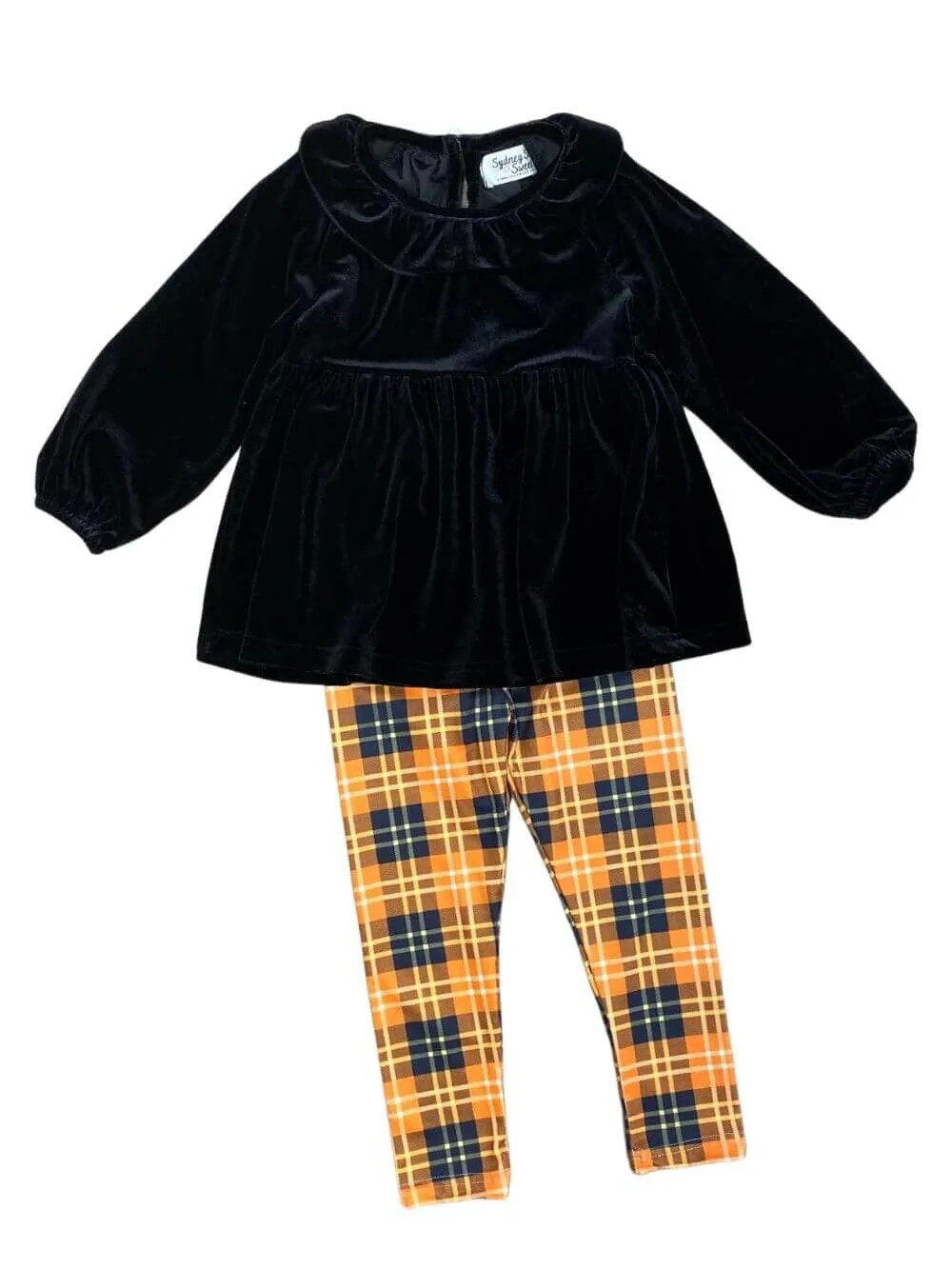 Orange & Black Velvet Top Plaid Leggings Outfit