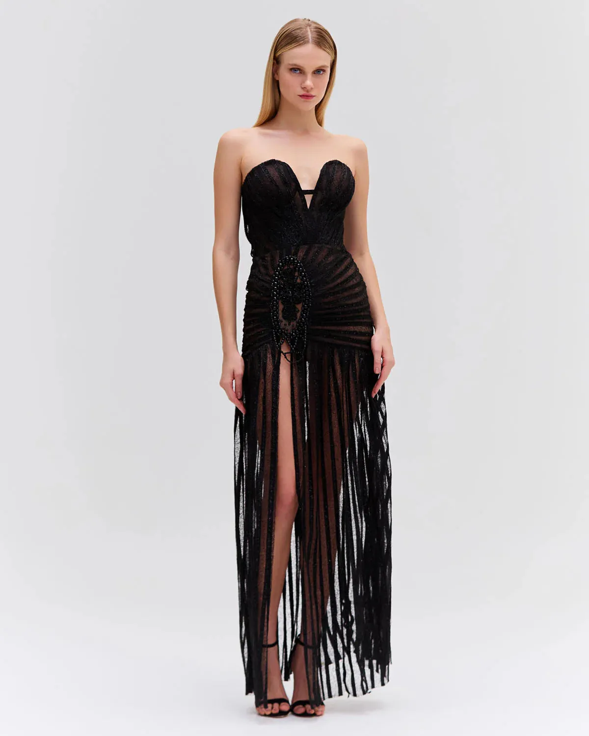 PatBo Sparkle Tulle Strapless Maxi Dress Black