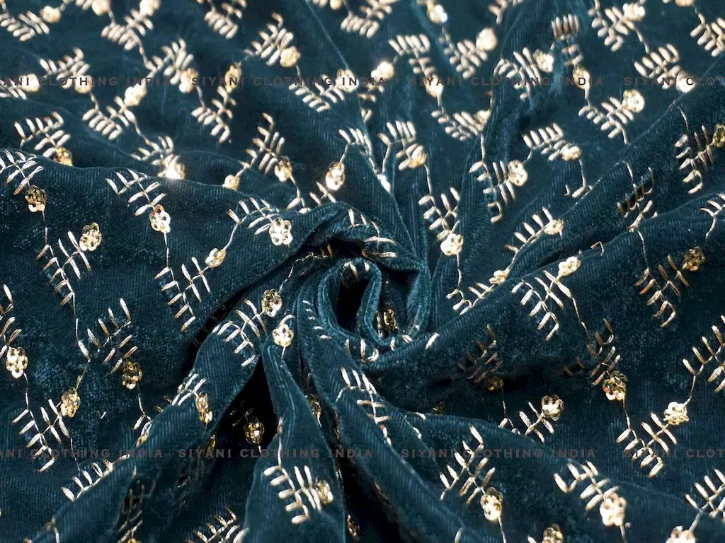 Peacock Blue Zari Embroidered Velvet Fabric