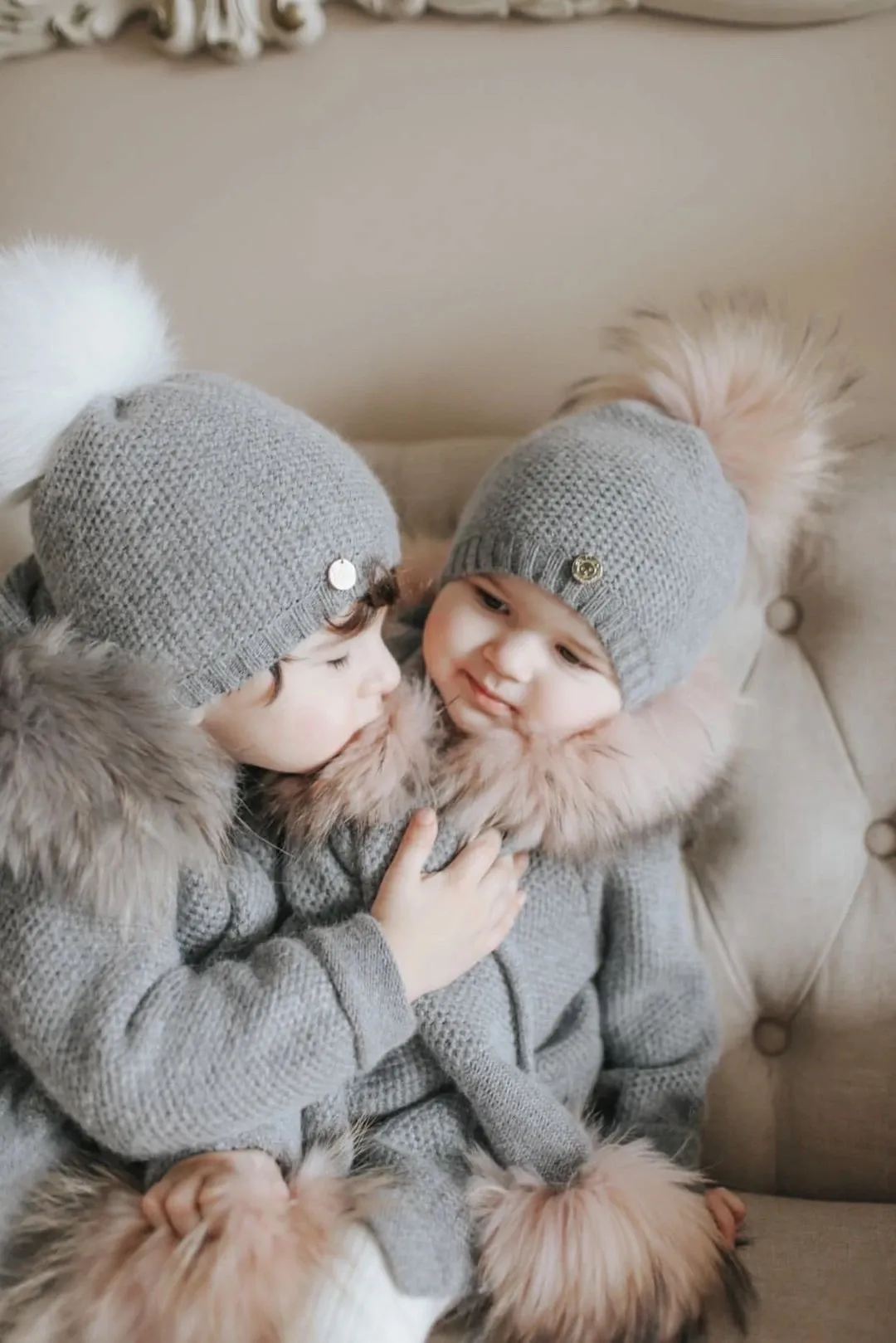 Petite Maison Kids Cashmere Grey Beanie Hat with white pom