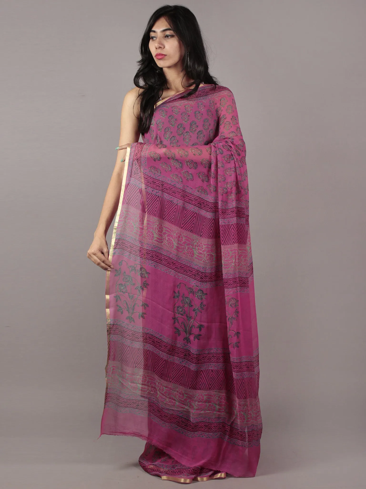 Pink Green Hand Block Printed Chiffon Saree - S031701847