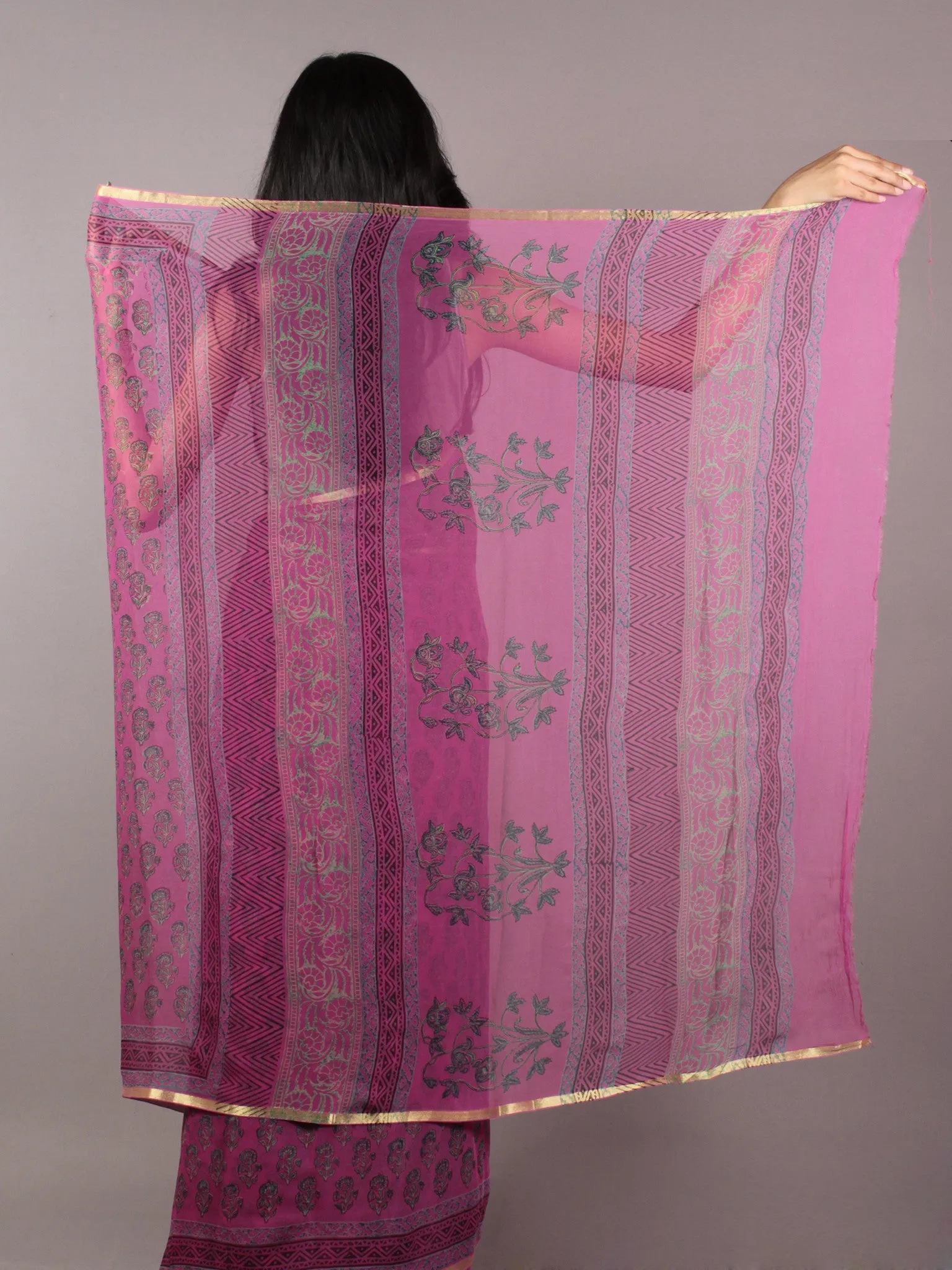 Pink Green Hand Block Printed Chiffon Saree - S031701847