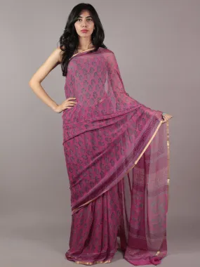 Pink Green Hand Block Printed Chiffon Saree - S031701847