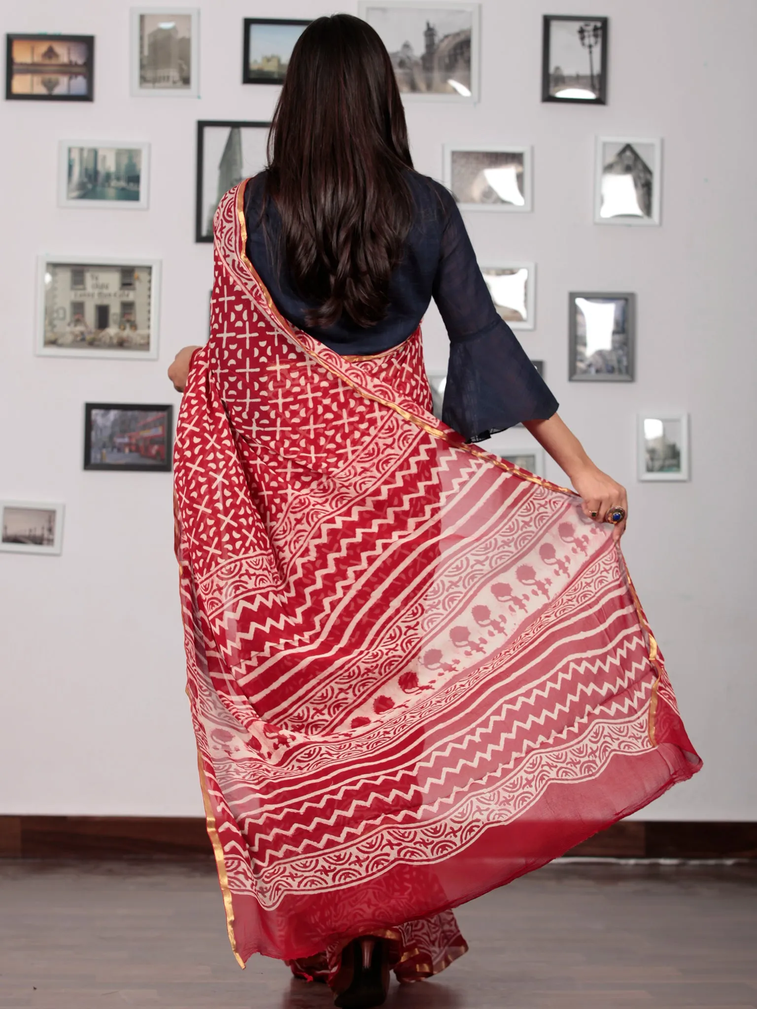 Red Ivory Hand Block Printed Chiffon Saree with Zari border - S031702734