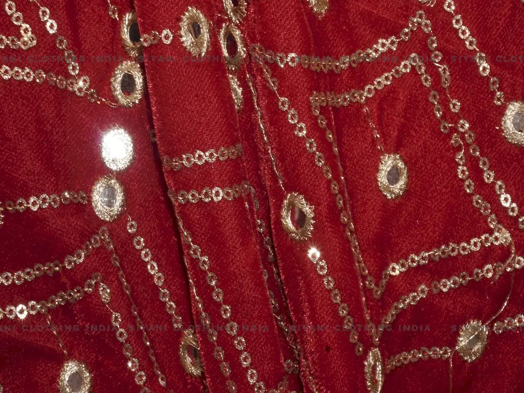 Red Mirror And Sequins Embroidered Velvet Fabric