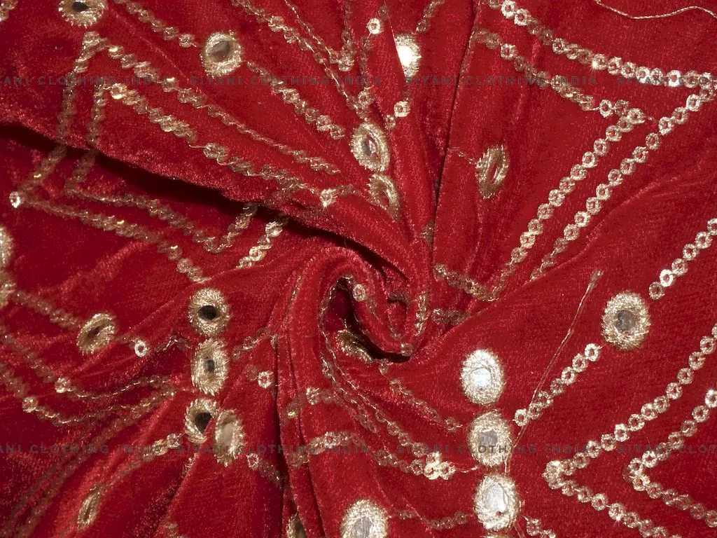 Red Mirror And Sequins Embroidered Velvet Fabric