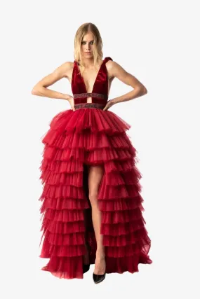 Red Velvet Top Hi-Lo Tulle Dress