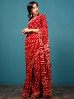 Red White Hand Block Printed Chiffon Saree with Zari Border - S031702799