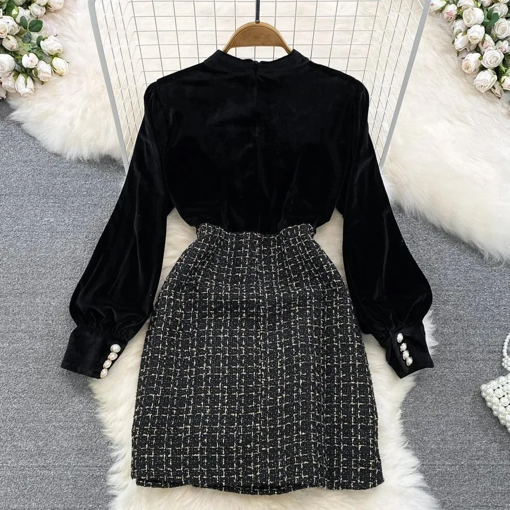 Reina Velvet and Tweed Dress