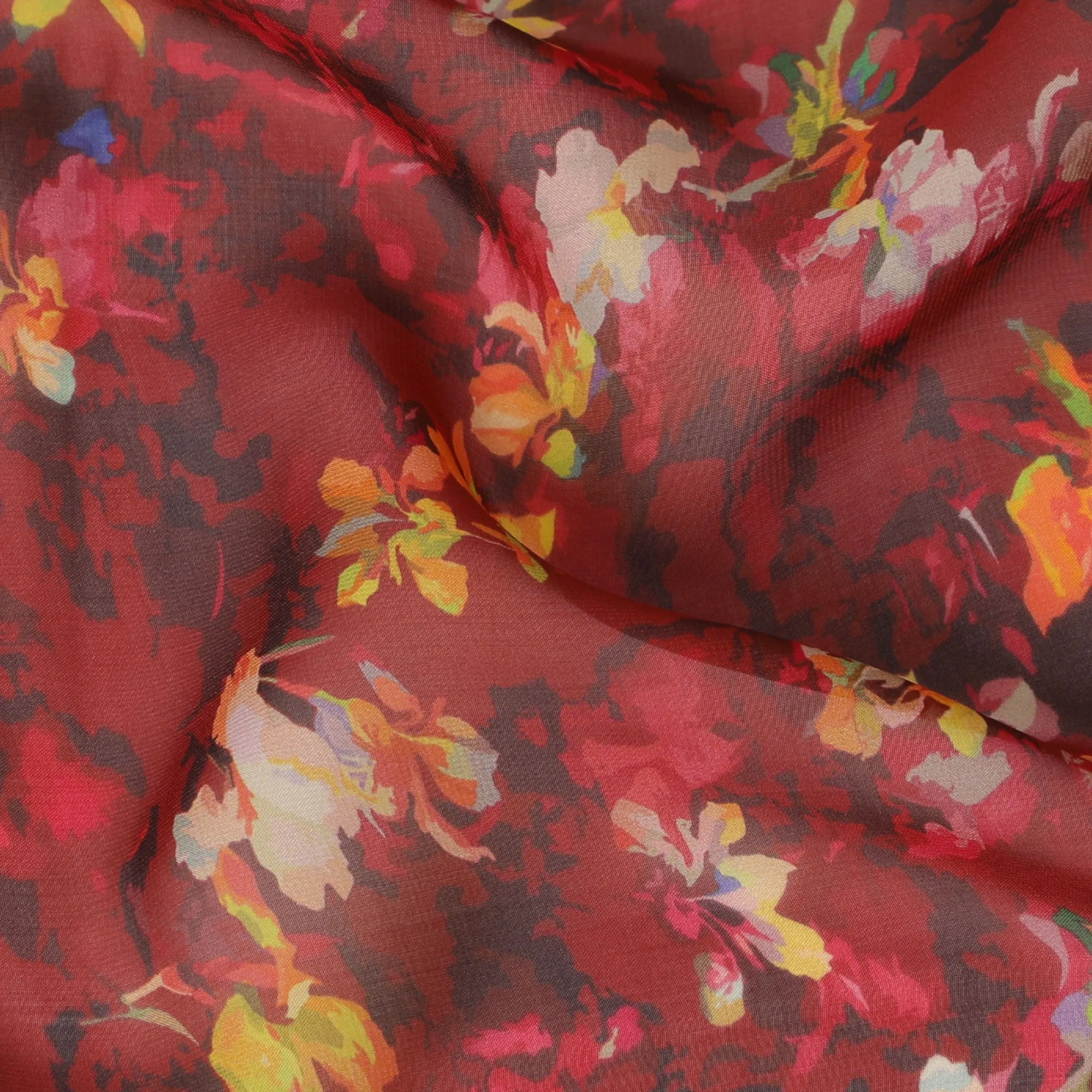 Rich Red Synthetic Chiffon Fabric with Autumnal Orange Floral Patterns, 140 cm Width-D19107