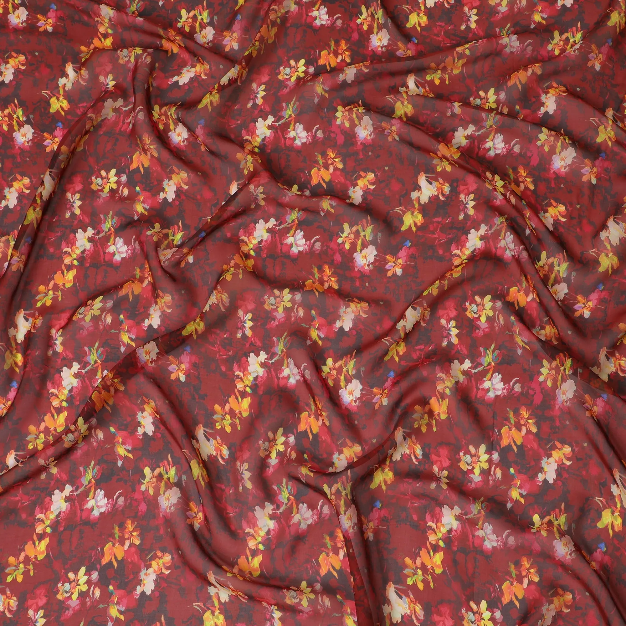 Rich Red Synthetic Chiffon Fabric with Autumnal Orange Floral Patterns, 140 cm Width-D19107