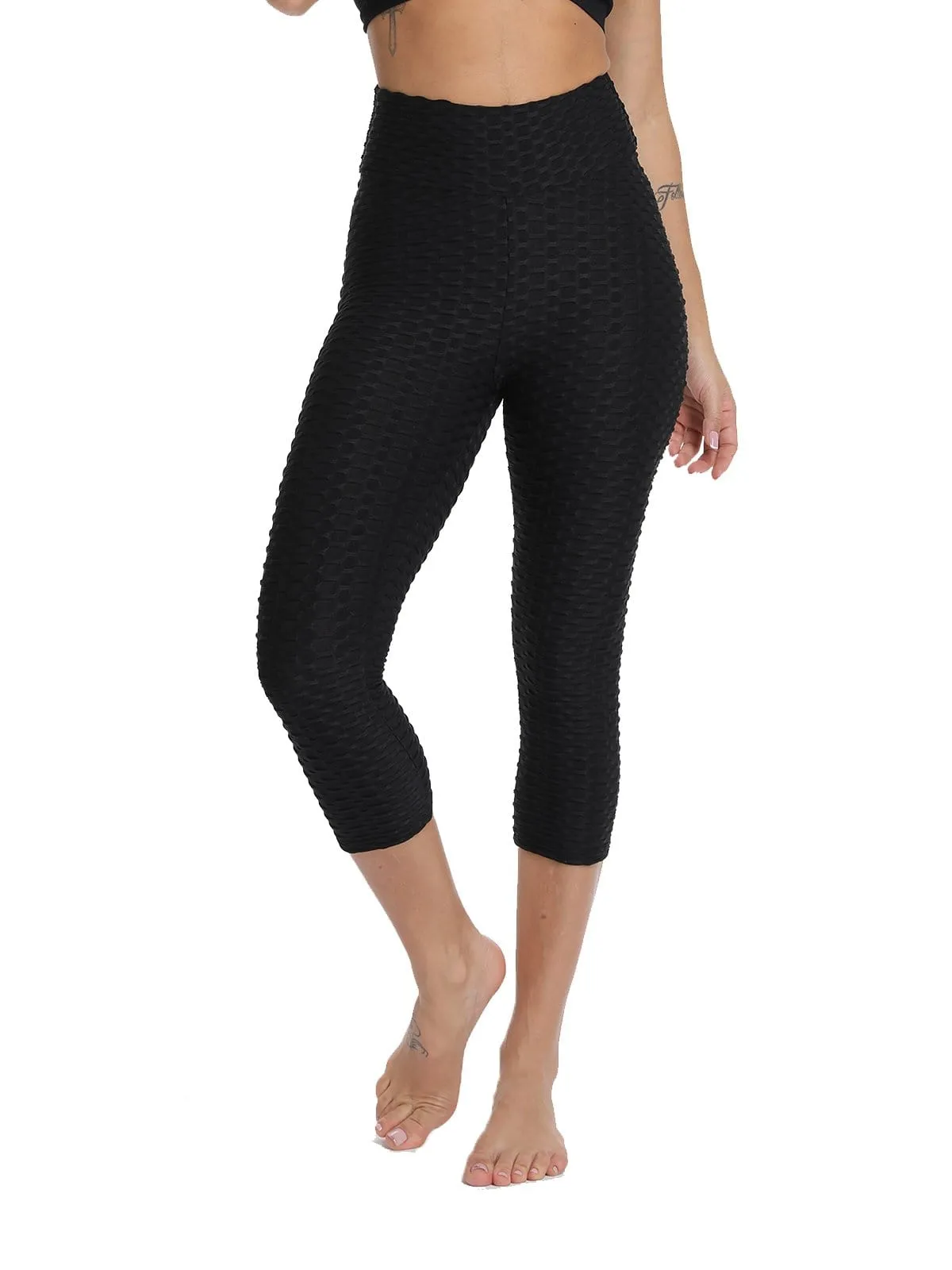 SEASUM Tummy Control Leggings Textured Women Workout Capris