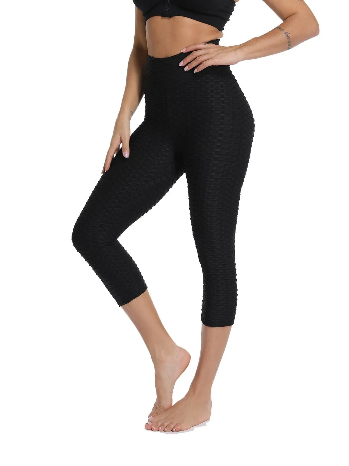 SEASUM Tummy Control Leggings Textured Women Workout Capris