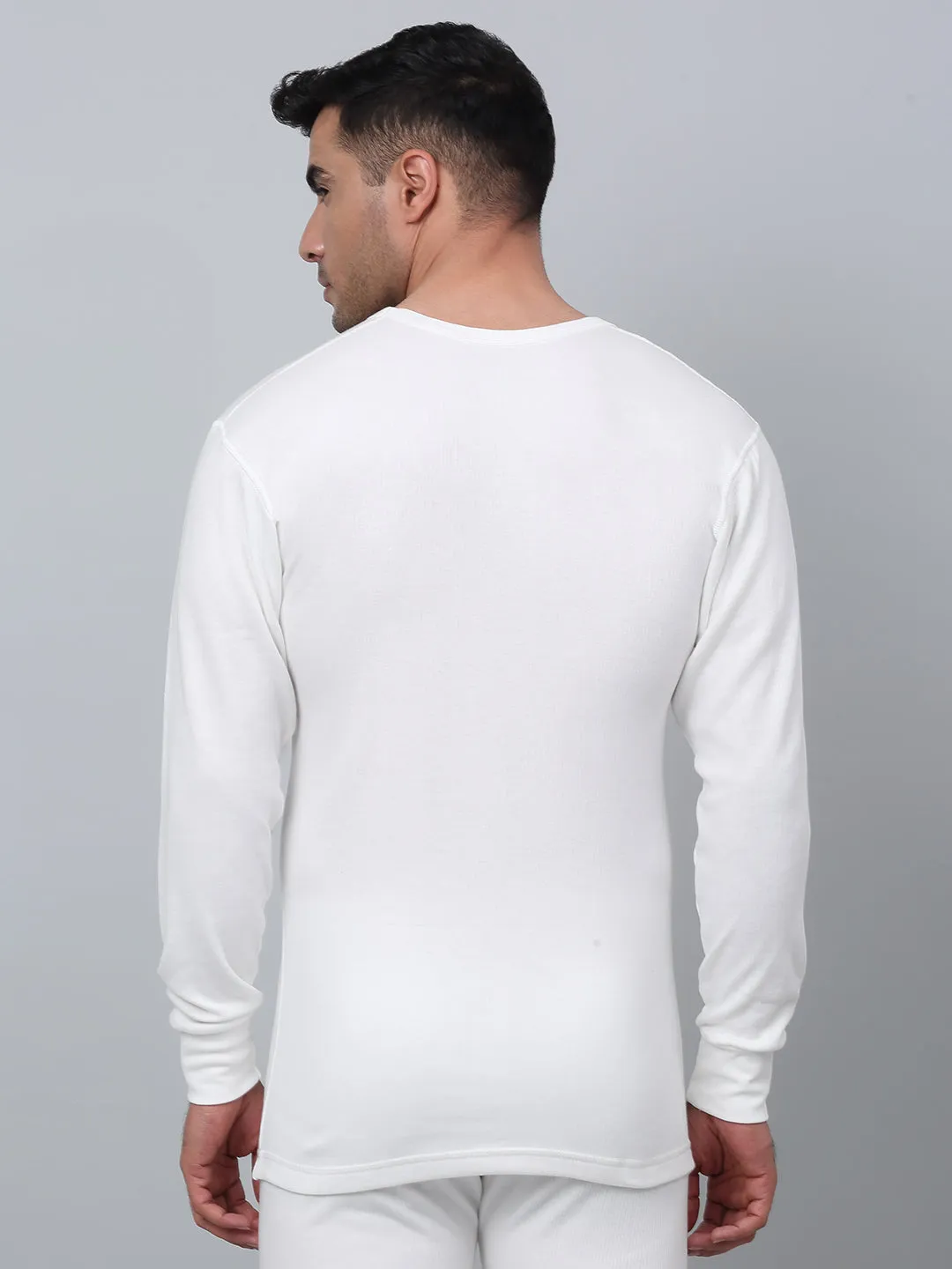 Solid Round Neck Full Sleeves Off White Thermal Top For Men