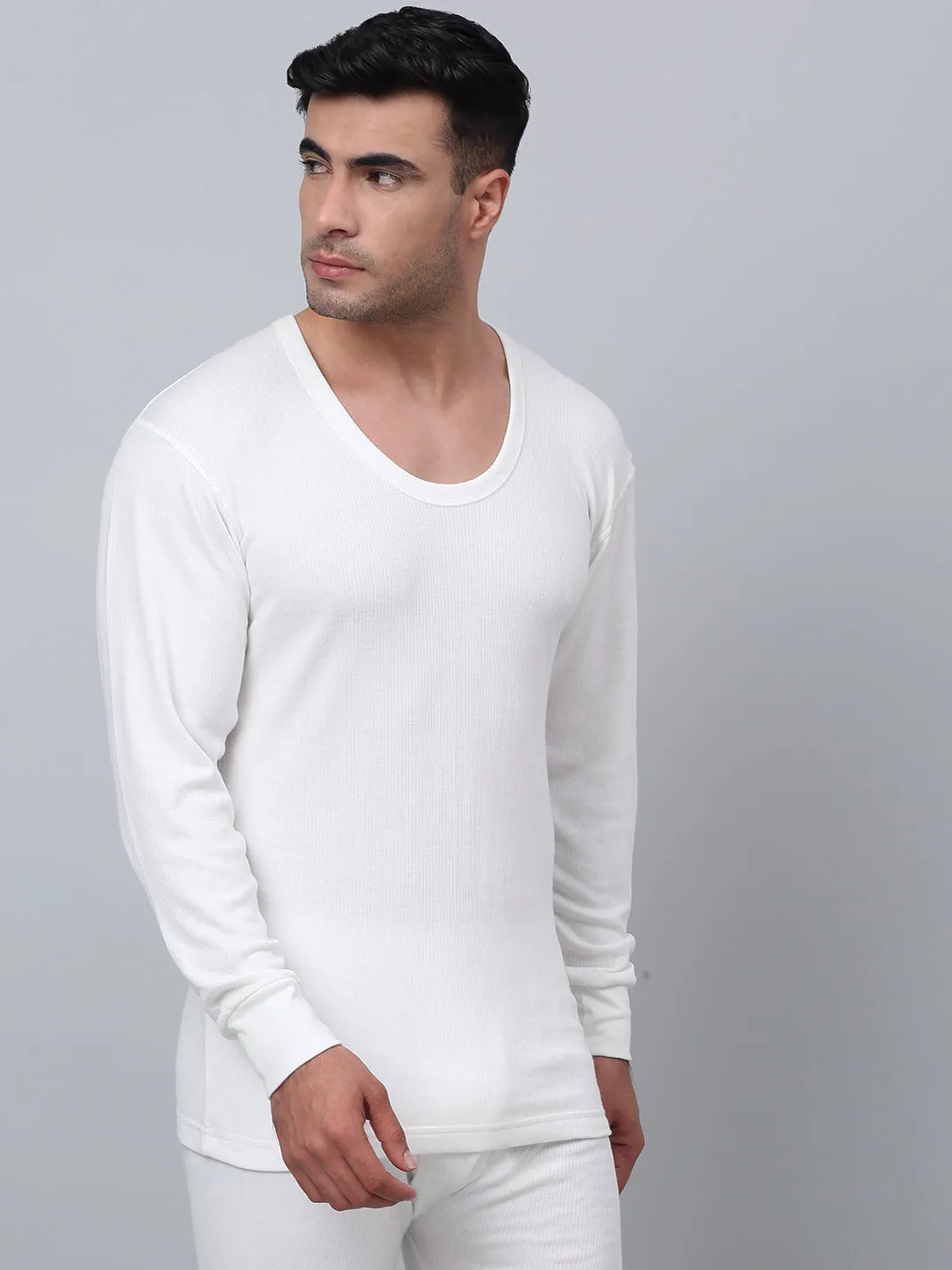 Solid Round Neck Full Sleeves Off White Thermal Top For Men