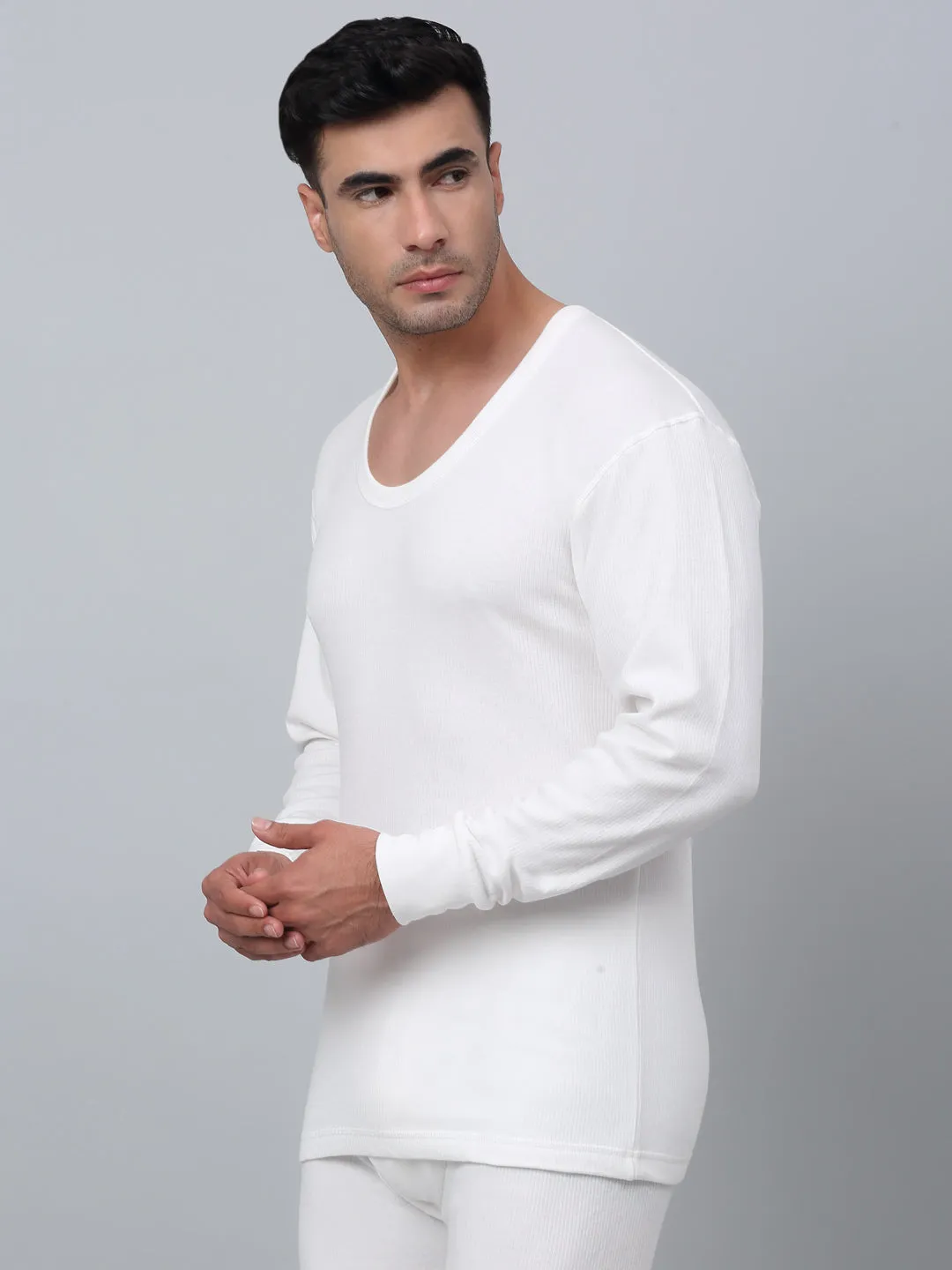 Solid Round Neck Full Sleeves Off White Thermal Top For Men