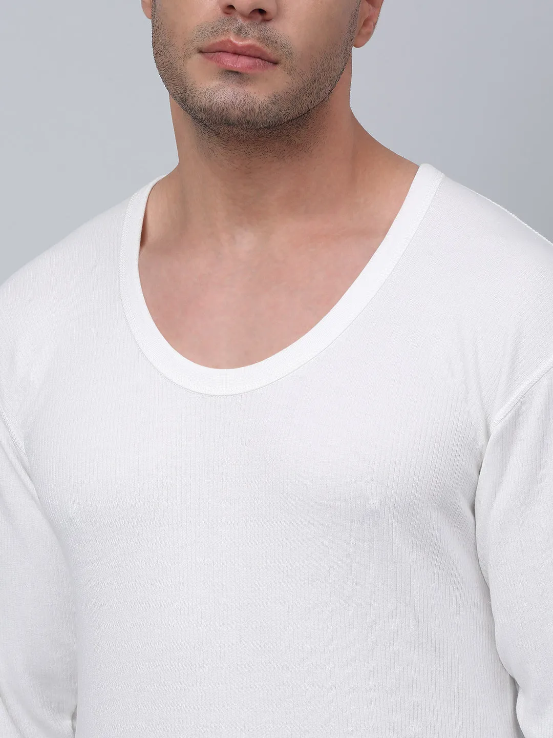 Solid Round Neck Full Sleeves Off White Thermal Top For Men