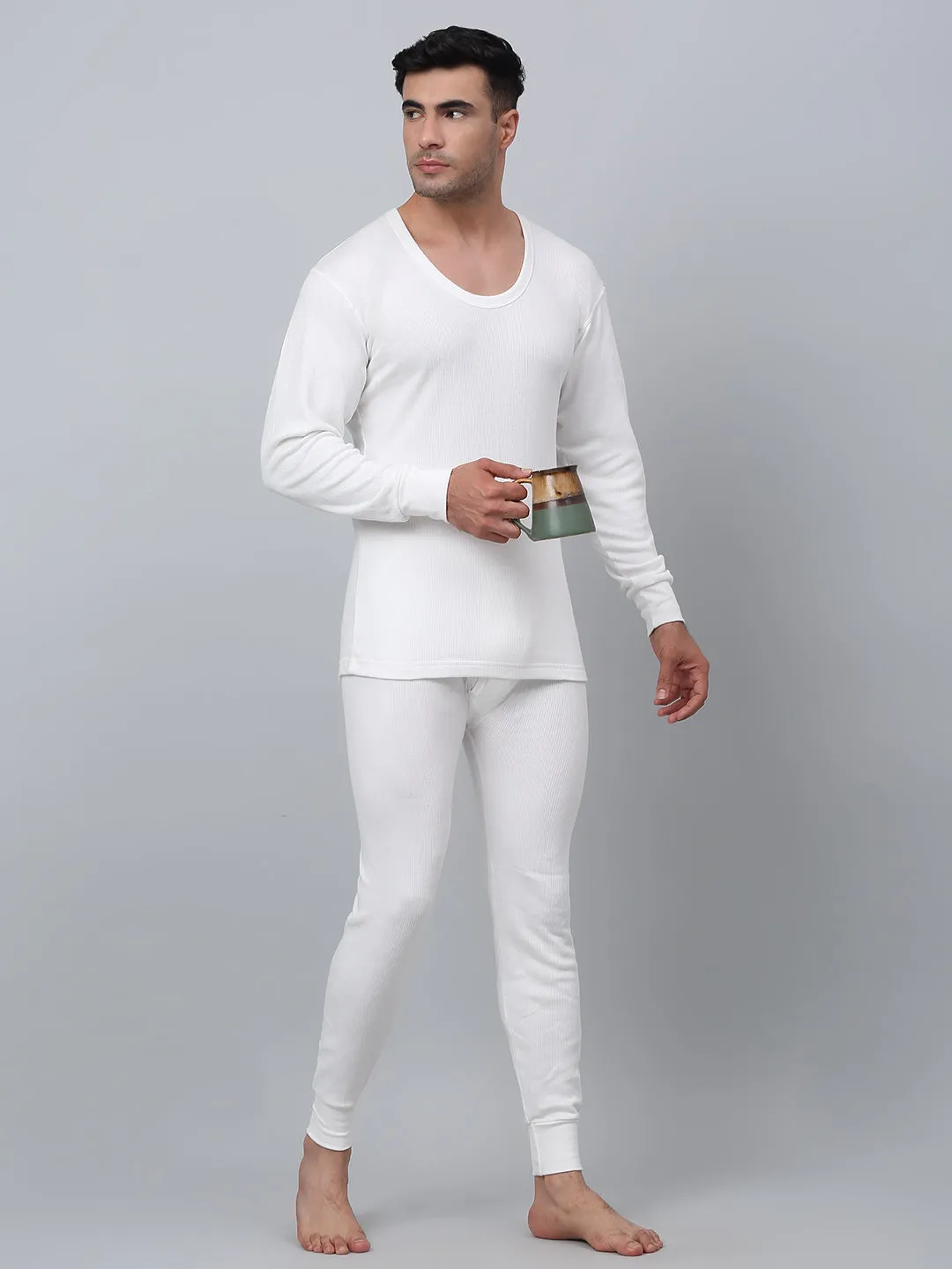 Solid Round Neck Full Sleeves Off White Thermal Top For Men