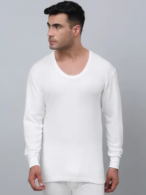 Solid Round Neck Full Sleeves Off White Thermal Top For Men