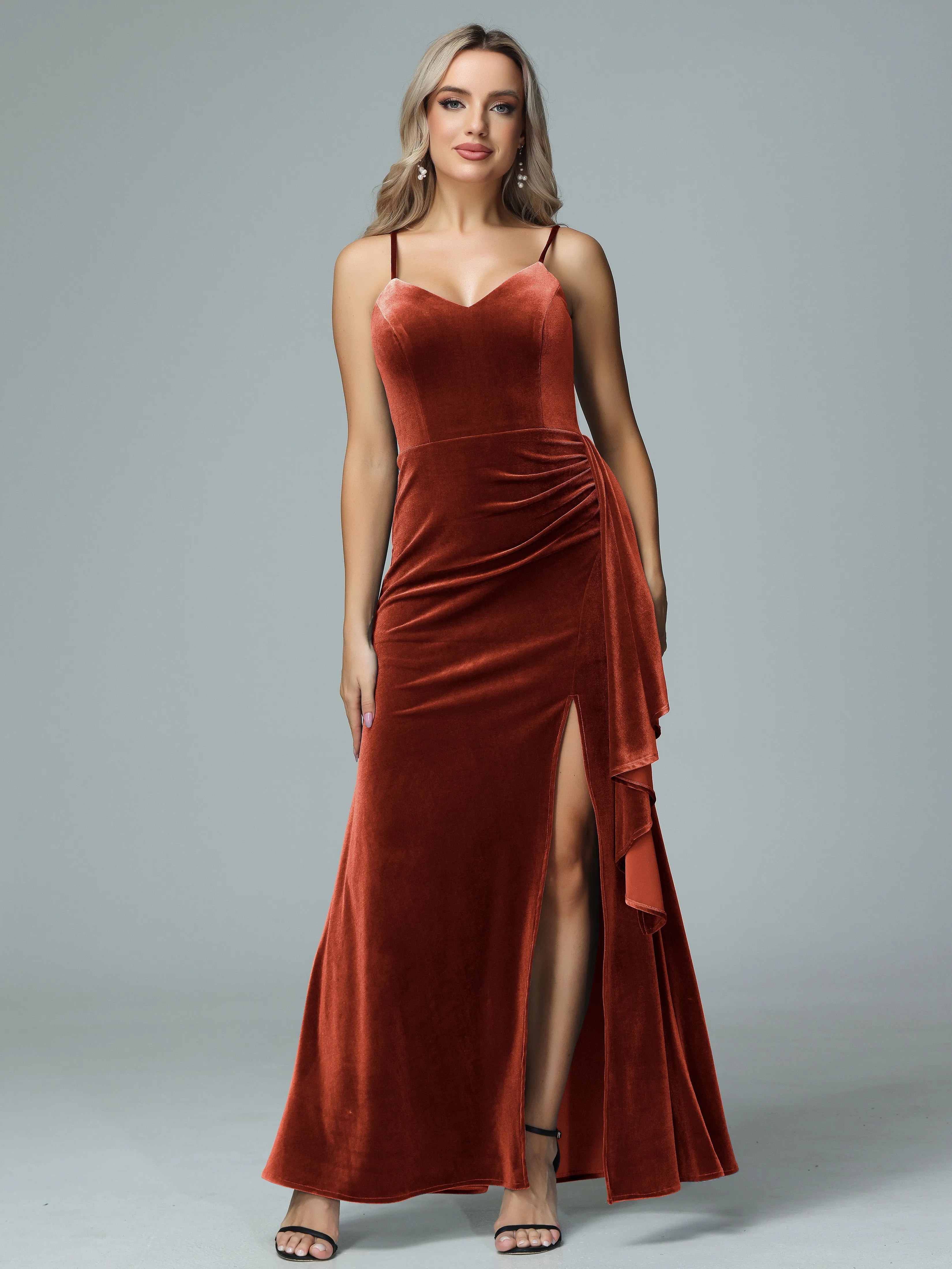 Spaghetti Straps V-neck Velvet Bridesmaid Dresses with Slit