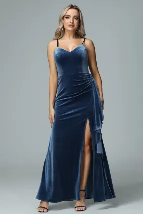 Spaghetti Straps V-neck Velvet Bridesmaid Dresses with Slit