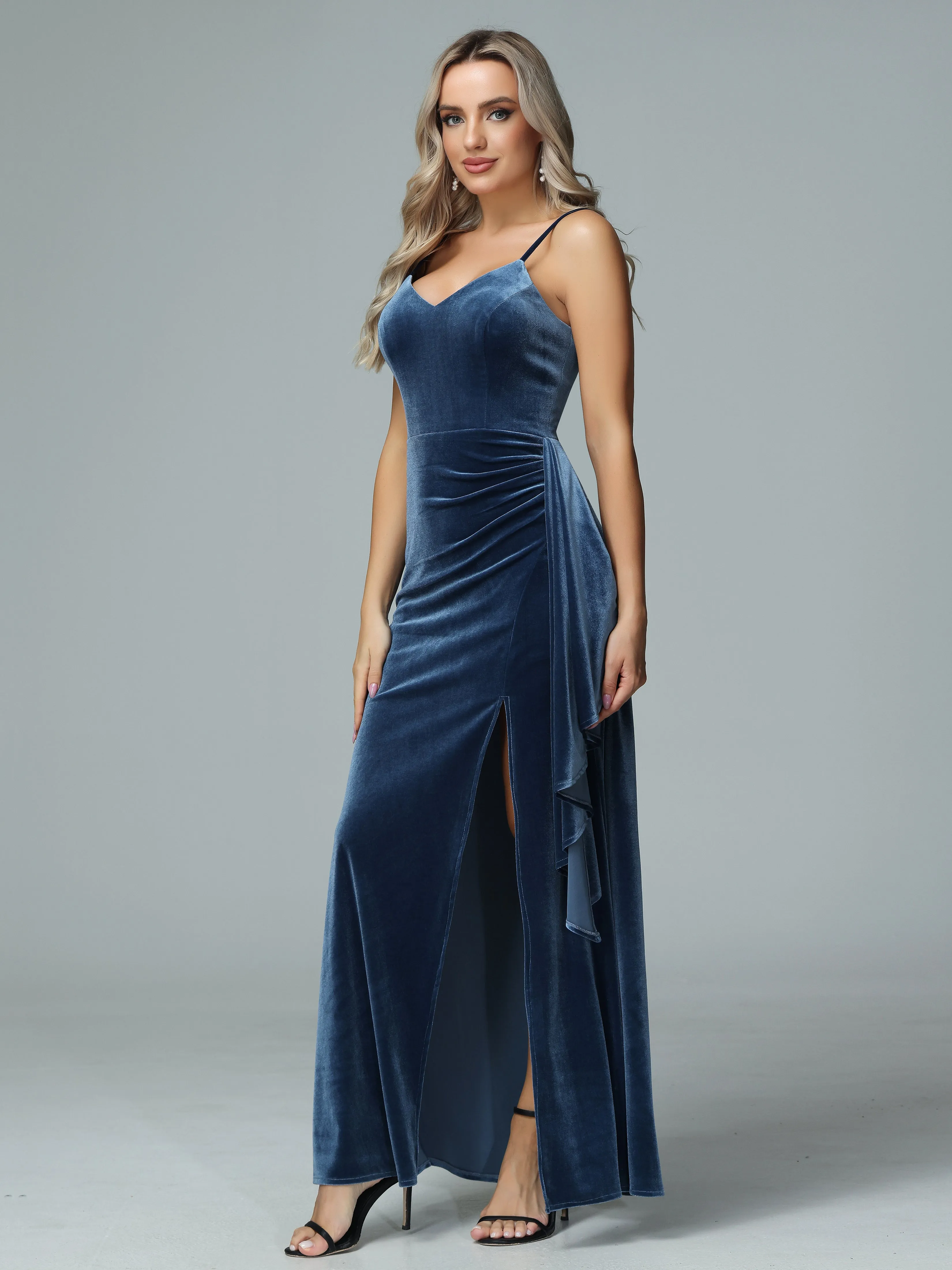 Spaghetti Straps V-neck Velvet Bridesmaid Dresses with Slit