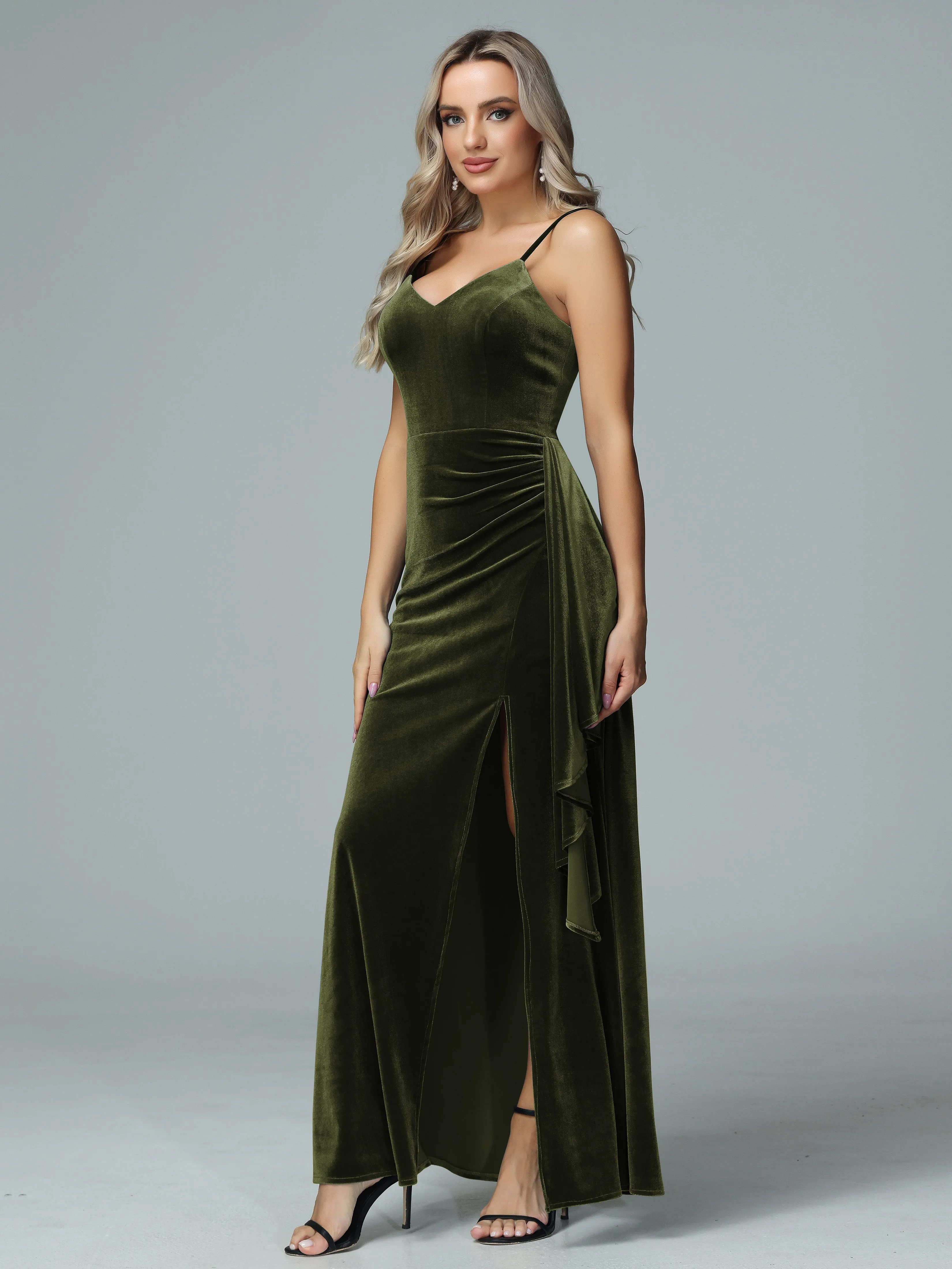 Spaghetti Straps V-neck Velvet Bridesmaid Dresses with Slit