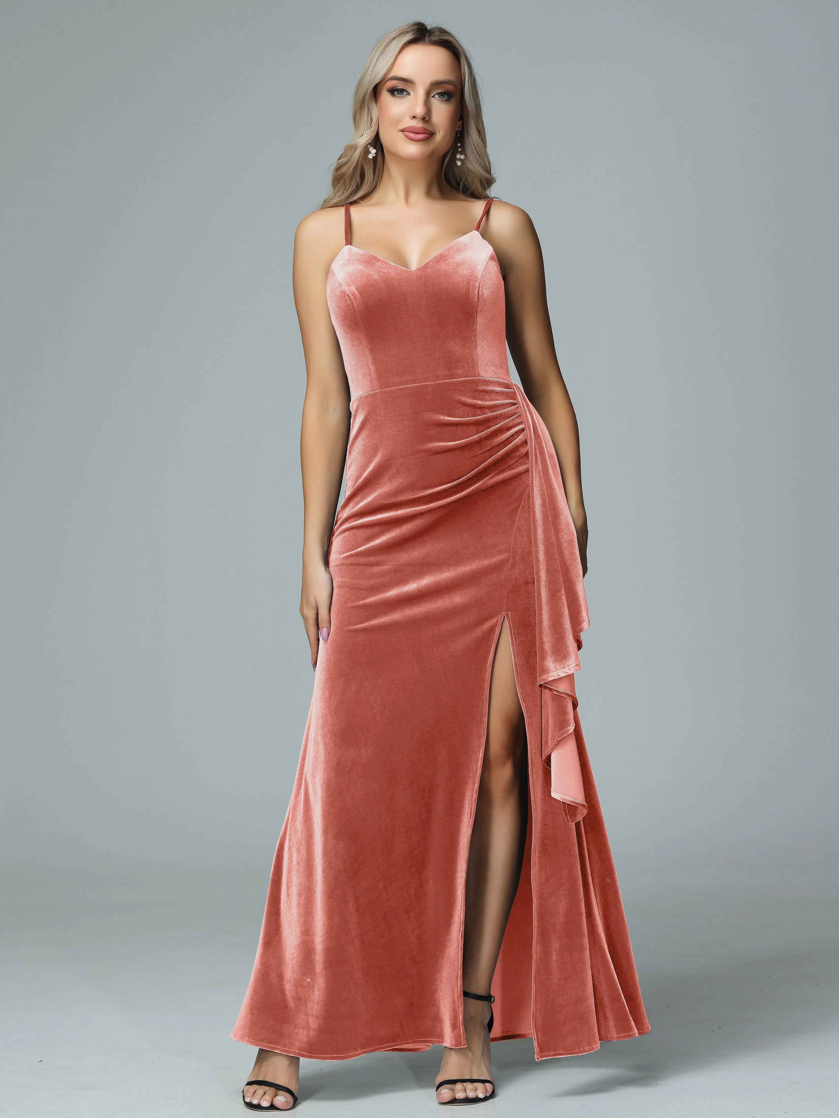 Spaghetti Straps V-neck Velvet Bridesmaid Dresses with Slit